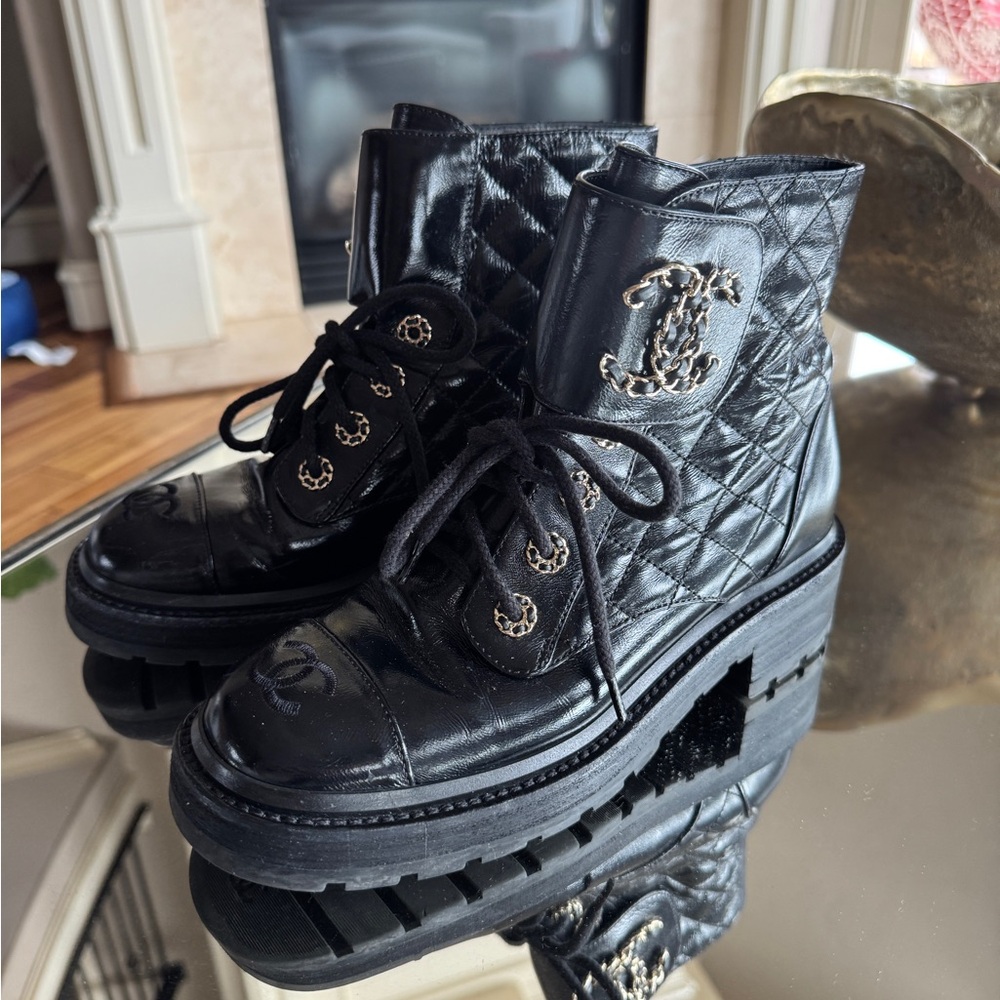 CHANEL Black Quilted Combat Boots Size 37 - Picture 3 of 6